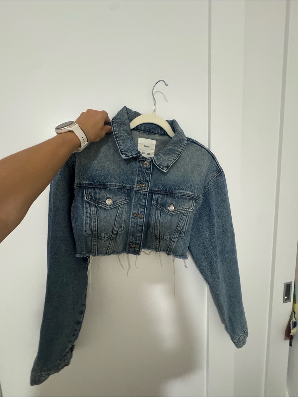 Mango Distressed Cropped Blue Denim Jacket